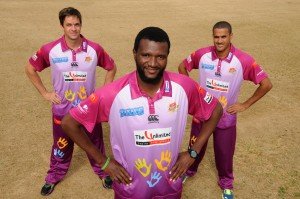 (from left) Albie Morkel, Ethy Mbhalati and Rowan Richards model the new Titans away kit.